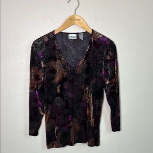 CHICO'S‎ Women Medium Burnout Velvet Vneck 3/4 Sleeve Tunic Top Whimsigoth